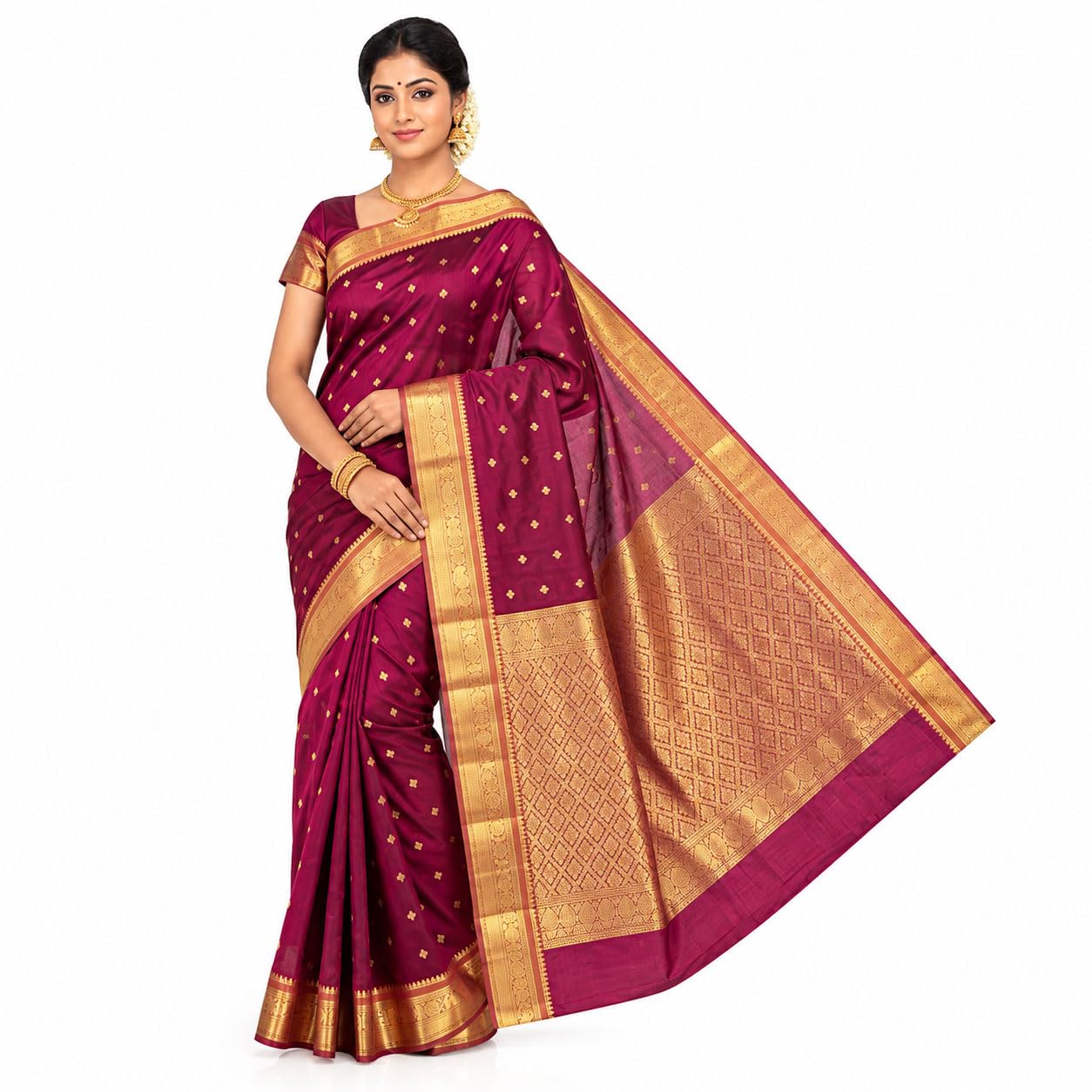 Women's Kanchi Cotton Saree with Rich Zari Border, Brocade Pallu & Blouse Piece