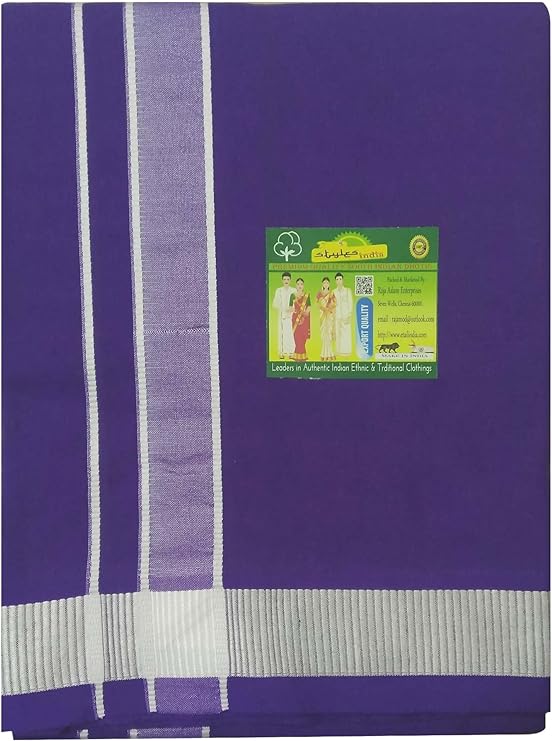 Stylesindia Men's Cotton Colored Dhoti with Fancy Border Kerala-style Veshti Mundu Kaili Lungi 2.0 Mtrs (Purple)