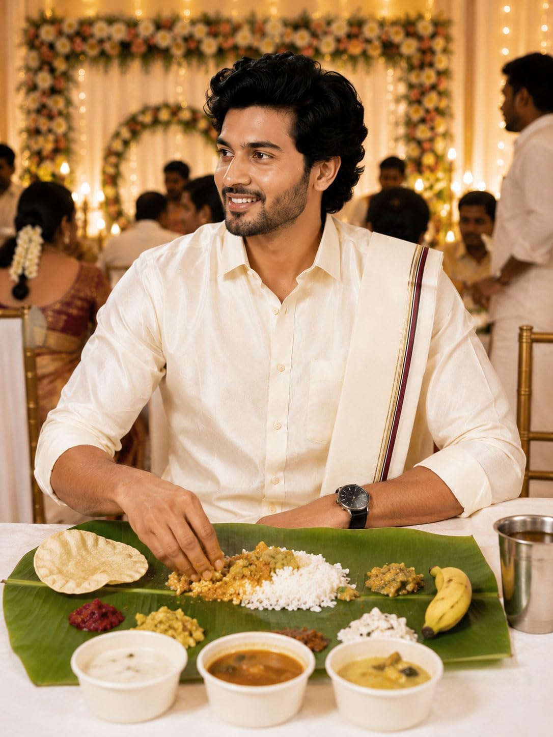 Men’s Cream Art Silk Thalapathy Style Marukarai Dhoti (3.6 Mtr) with Matching Angavastram (1.2 Mtr) Set | Traditional Zari Border Wedding & Festive Mundu Veshti