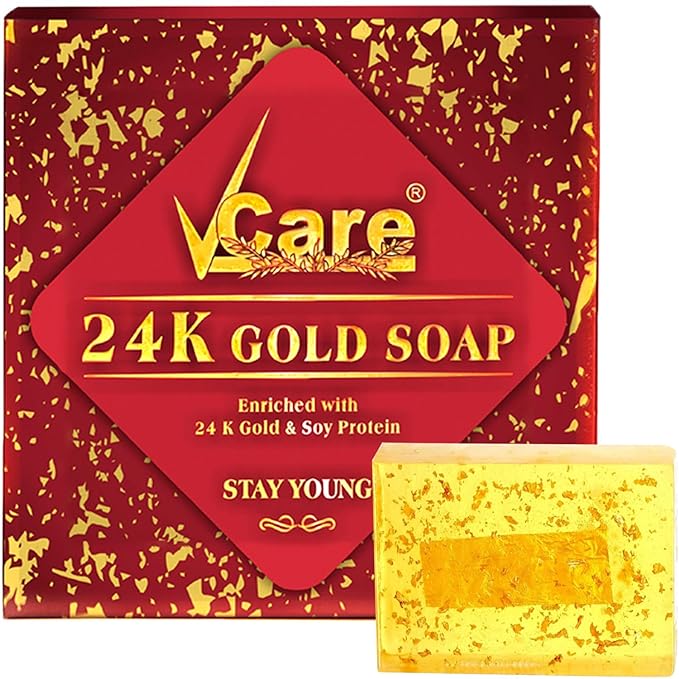 VCare 24K Gold Anti Aging Soap Bar Reduces Wrinkles and Exfoliates Dirt - Impurities, Rejuvenates Skin Cells for a Soft and Glowing Skin