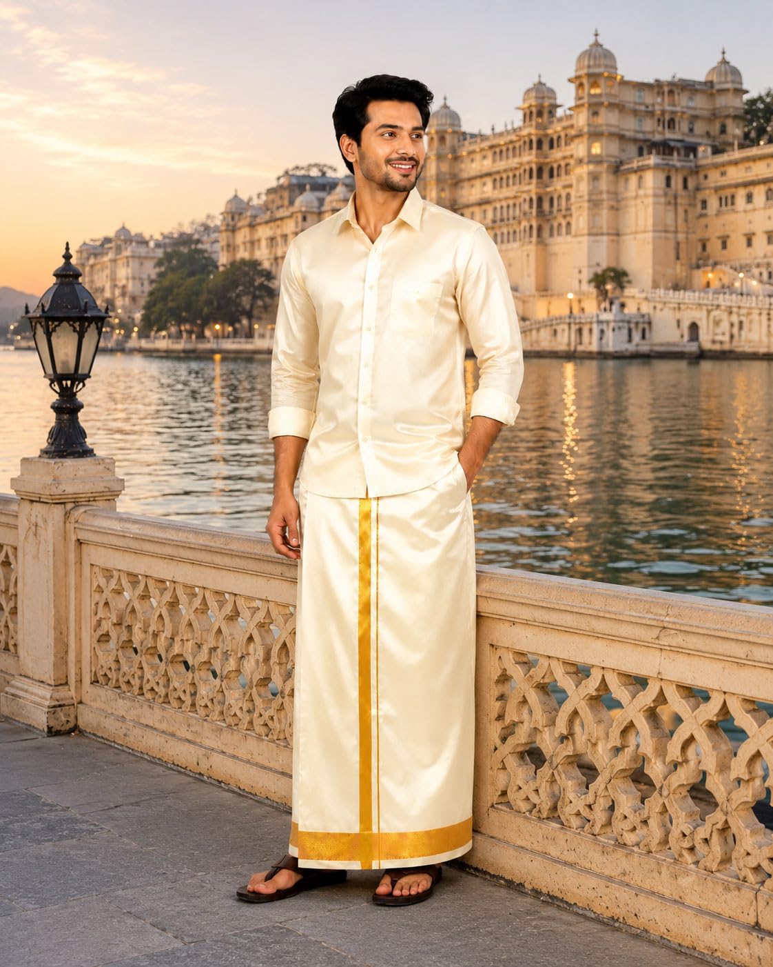 Asha Silk Wedding Dhoti for Men with Golden Zari Border | Ready to Wear Adjustable Stick-On Velcro Dhoti | Cream Traditional South Indian Groom Veshti for Wedding, Temple & Festivals