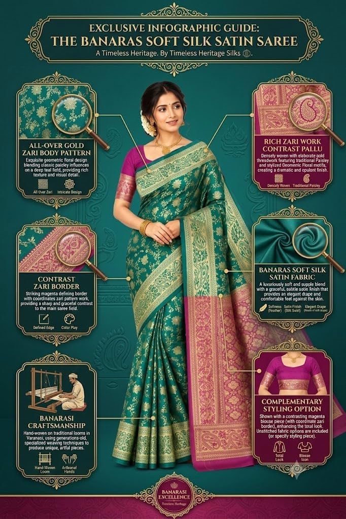 Traditional Banarasi Soft Silk Saree | Rich Zari Border & Contrast Pallu | Elegant Festive & Wedding Sari