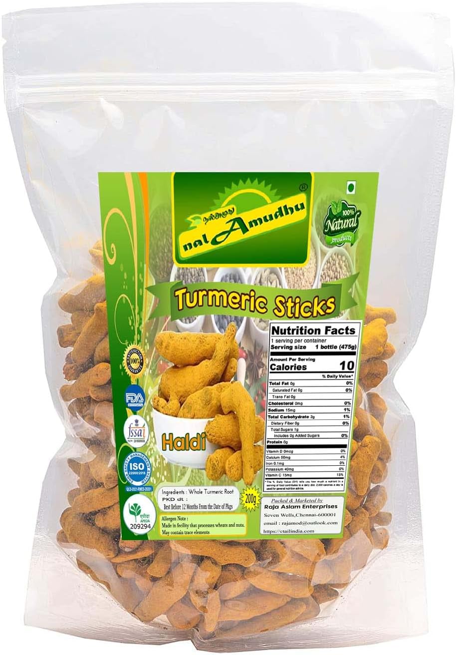 nalAmudhu Erode Whole Turmeric Sticks, Natural Turmeric, Curcumin Powder, High Curcumin for Cooking, Immune Booster - 200g