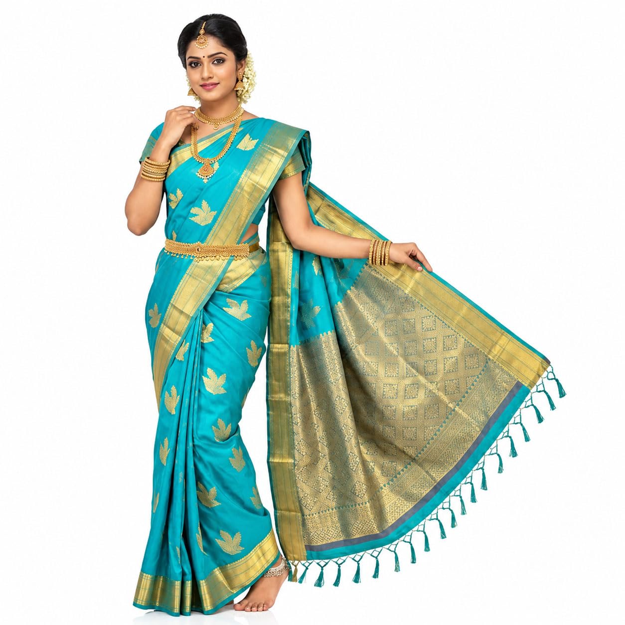 Kanchipuram Semi Silk Saree for Women | Rich Zari Self Border & Contrast Pallu Festive Sari with Blouse