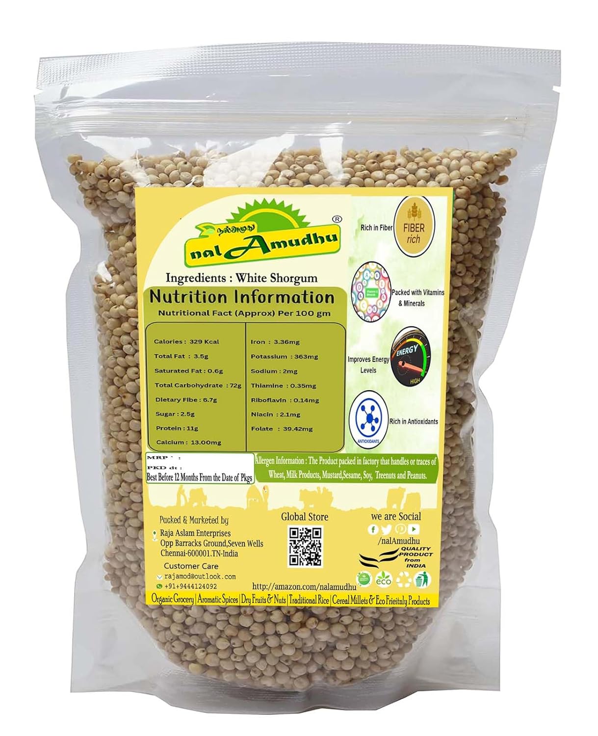 nalAmudhu White Sorghum (Whole Grain) Cholam | Vellai Cholam | Nattu Solam | Jowar | Jola | Jawar | Jonna | Low Gi 908g / 2.0 Lbs