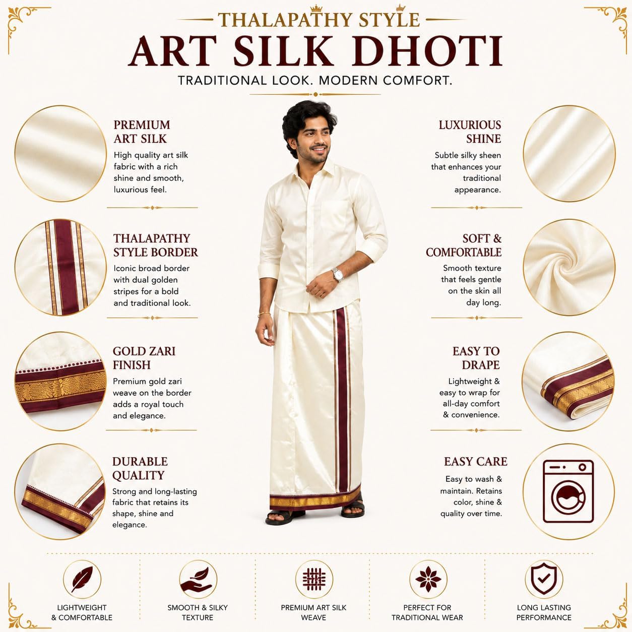 Men’s Cream Art Silk Thalapathy Style Marukarai Dhoti (3.6 Mtr) with Matching Angavastram (1.2 Mtr) Set | Traditional Zari Border Wedding & Festive Mundu Veshti