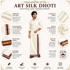 Men’s Cream Art Silk Thalapathy Style Marukarai Dhoti (3.6 Mtr) with Matching Angavastram (1.2 Mtr) Set | Traditional Zari Border Wedding & Festive Mundu Veshti