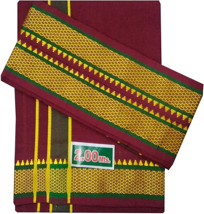 Stylesindia Men's Cotton Dhoti and Angavastram Set - 2.0 Mtr Fancy Resham Bordered Dhoti with 1.5 Mtr Angavastram (Maroon)