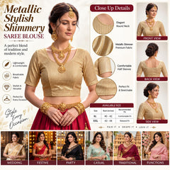 Women's Metallic Shimmer Saree Blouse Crop Top, Stretchable Round Neck Short Sleeve Designer Blouse