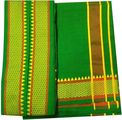 Stylesindia Men's Cotton Dhoti and Angavastram Set - 2.0 Mtr Fancy Resham Bordered Dhoti with 1.5 Mtr Angavastram (Green)