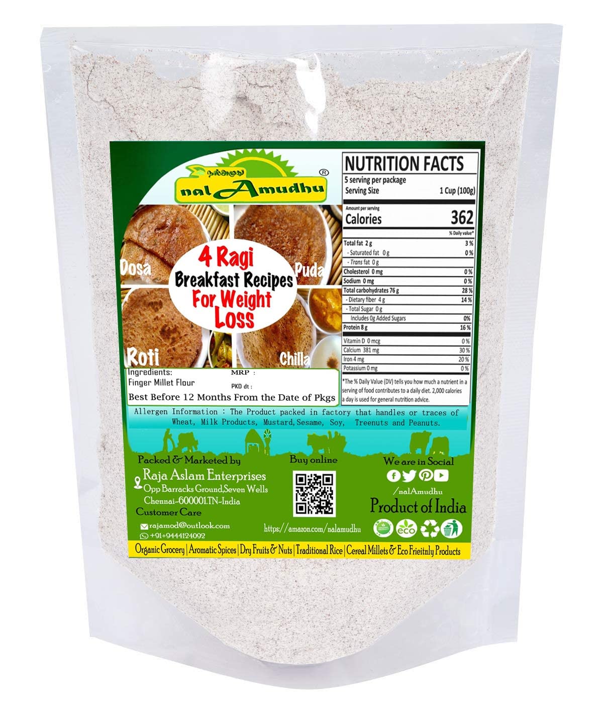 nalAmudhu Finger Millet Flour | Ragi Atta | Kelvaragu Maavu- (454g/1.0Lbs)