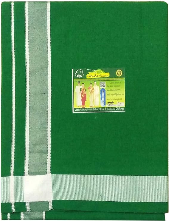 Stylesindia Men's Cotton Colored Dhoti with Fancy Border Kerala-style Veshti Mundu Kaili Lungi 2.0 Mtrs (Green)