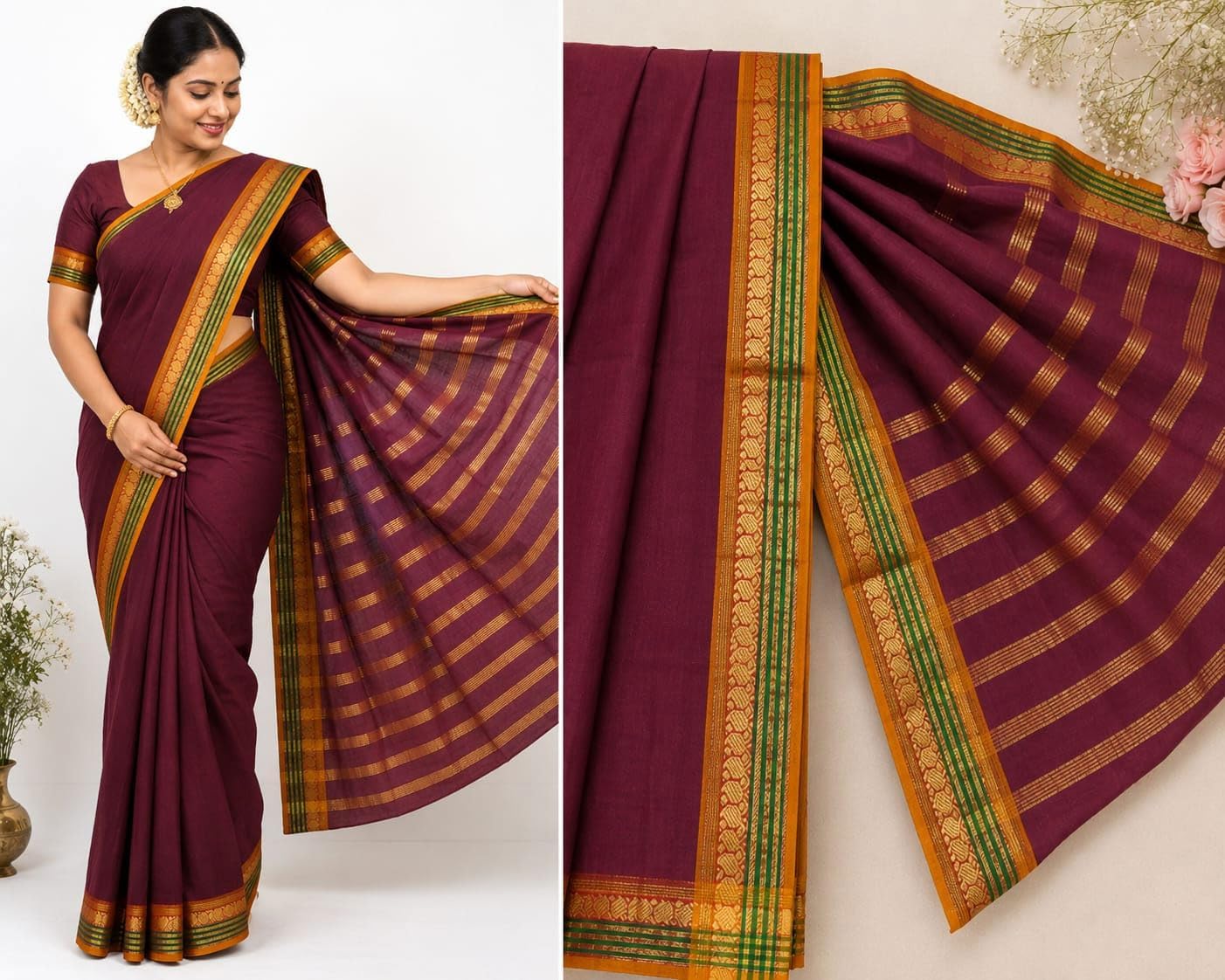 Kanchipuram Cotton Saree for Women | Golden Zari Border | Traditional South Indian Saree for Wedding & Festival