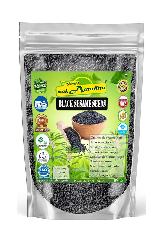 nalAmudhu Whole Fresh and Natural Black Sesame Seeds | Kaale Til | Graines de sésame | Indian Spice - 200 Grams