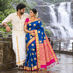 Kanchipuram Semi Silk Saree for Women | Rich Zari Self Border & Contrast Pallu Festive Sari with Blouse