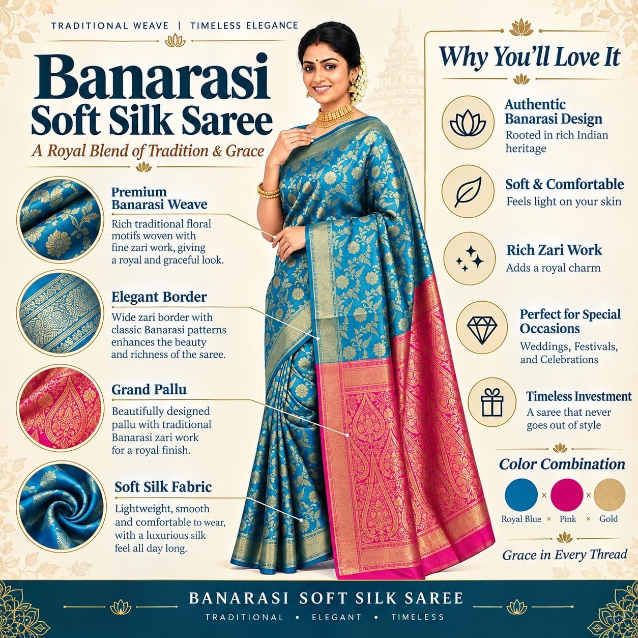 Exquisite Women's Banarasi Soft Silk Satin Saree with Rich Zari Border & Contrast Pallu | Festive Bridal Wear
