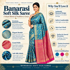 Exquisite Women's Banarasi Soft Silk Satin Saree with Rich Zari Border & Contrast Pallu | Festive Bridal Wear