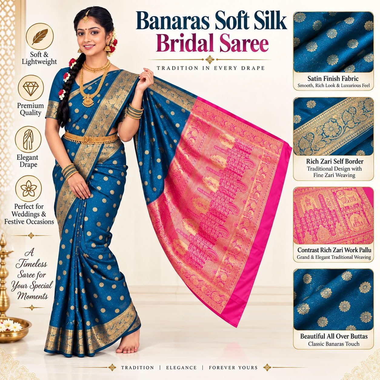 Exquisite Women's Banarasi Soft Silk Satin Saree with Rich Zari Border & Contrast Pallu | Festive Bridal Wear