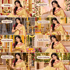 Women's Kanchi Cotton Saree with Rich Zari Border, Brocade Pallu & Blouse Piece