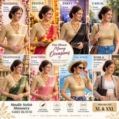 Women's Metallic Shimmer Saree Blouse Crop Top, Stretchable Round Neck Short Sleeve Designer Blouse