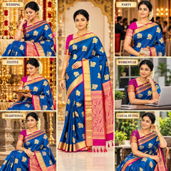 Kanchipuram Semi Silk Saree for Women | Rich Zari Self Border & Contrast Pallu Festive Sari with Blouse