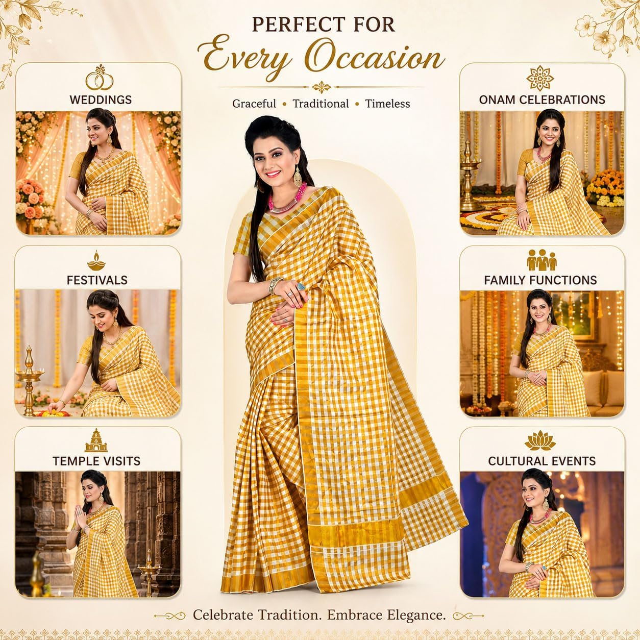 Women's Kerala Kasavu Linen Cotton Saree with Tissue Checks, Golden Zari Border & Matching Blouse Piece, Traditional South Indian Saree for Onam, Wedding, Festival & Special Occasions