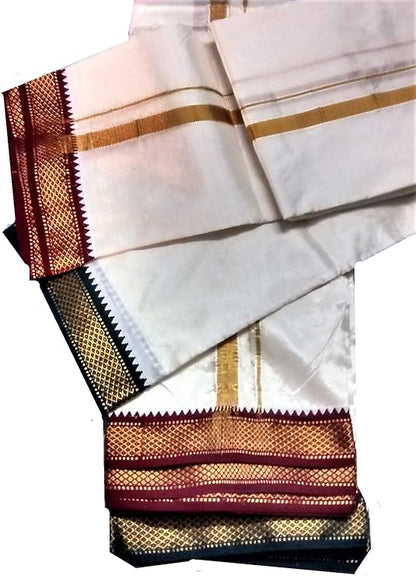 Stylesindia Art Silk Dhoti Vesti Mundu India Ethnic Dress 1" Double Colour Zari Border with Stole Cream