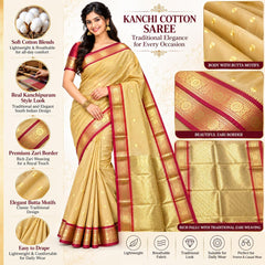Women's Kanchi Cotton Saree with Rich Zari Border, Brocade Pallu & Blouse Piece