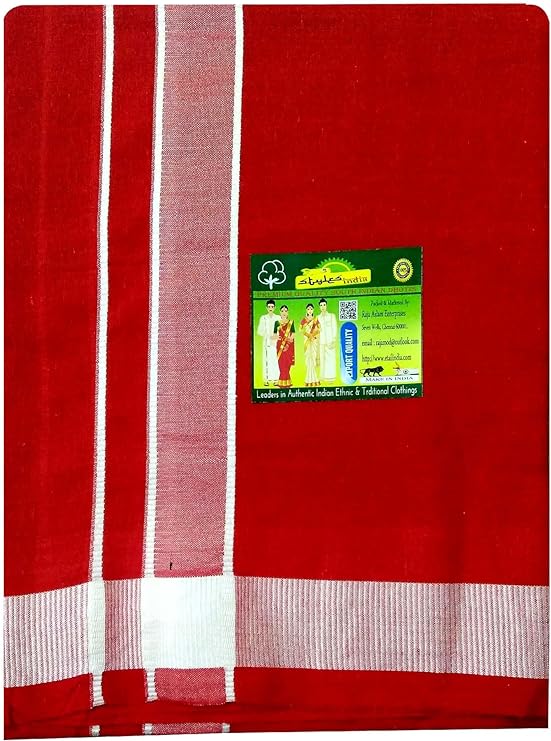 Stylesindia Men's Cotton Colored Dhoti with Fancy Border Kerala-style Veshti Mundu Kaili Lungi 2.0 Mtrs (Red)