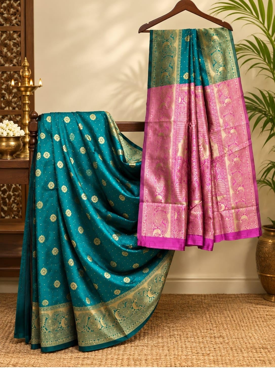Exquisite Women's Banarasi Soft Silk Satin Saree with Rich Zari Border & Contrast Pallu | Festive Bridal Wear