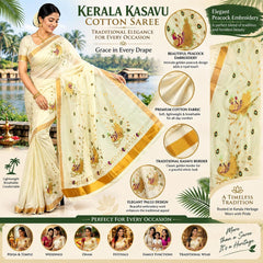 Kerala Kasavu Cotton Saree for Women with Gold Zari Border & Peacock Embroidery | Traditional Onam Wedding Saree