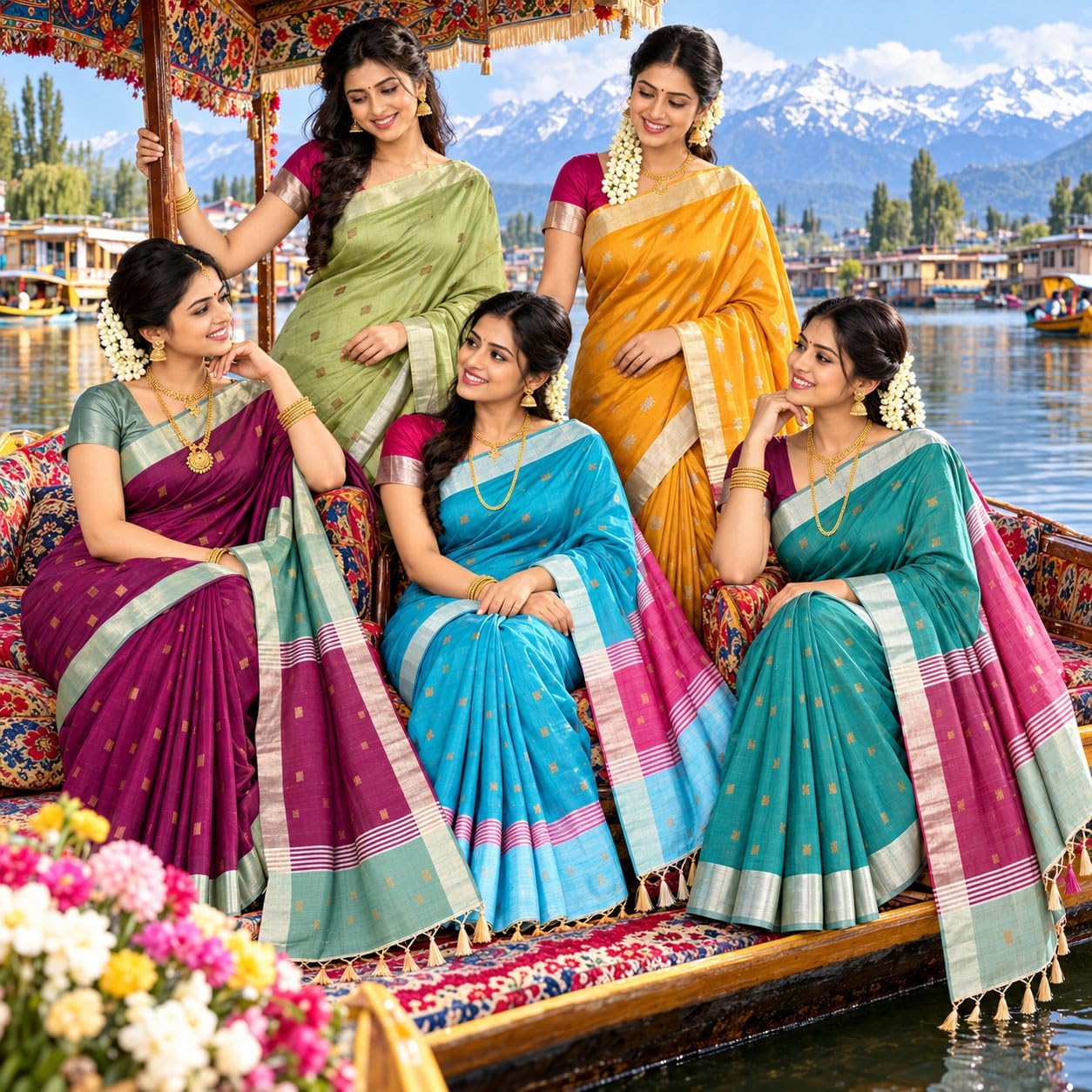 Women’s Maheswari Silk Cotton Saree with 1000 Butta Motifs, Silver Tissue Border & Contrast Pallu