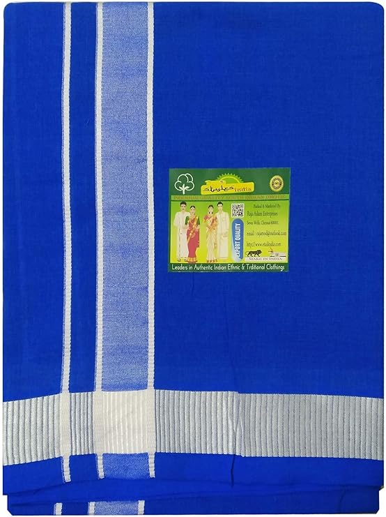 Stylesindia Men's Cotton Colored Dhoti with Fancy Border Kerala-style Veshti Mundu Kaili Lungi 2.0 Mtrs (Royal Blue)