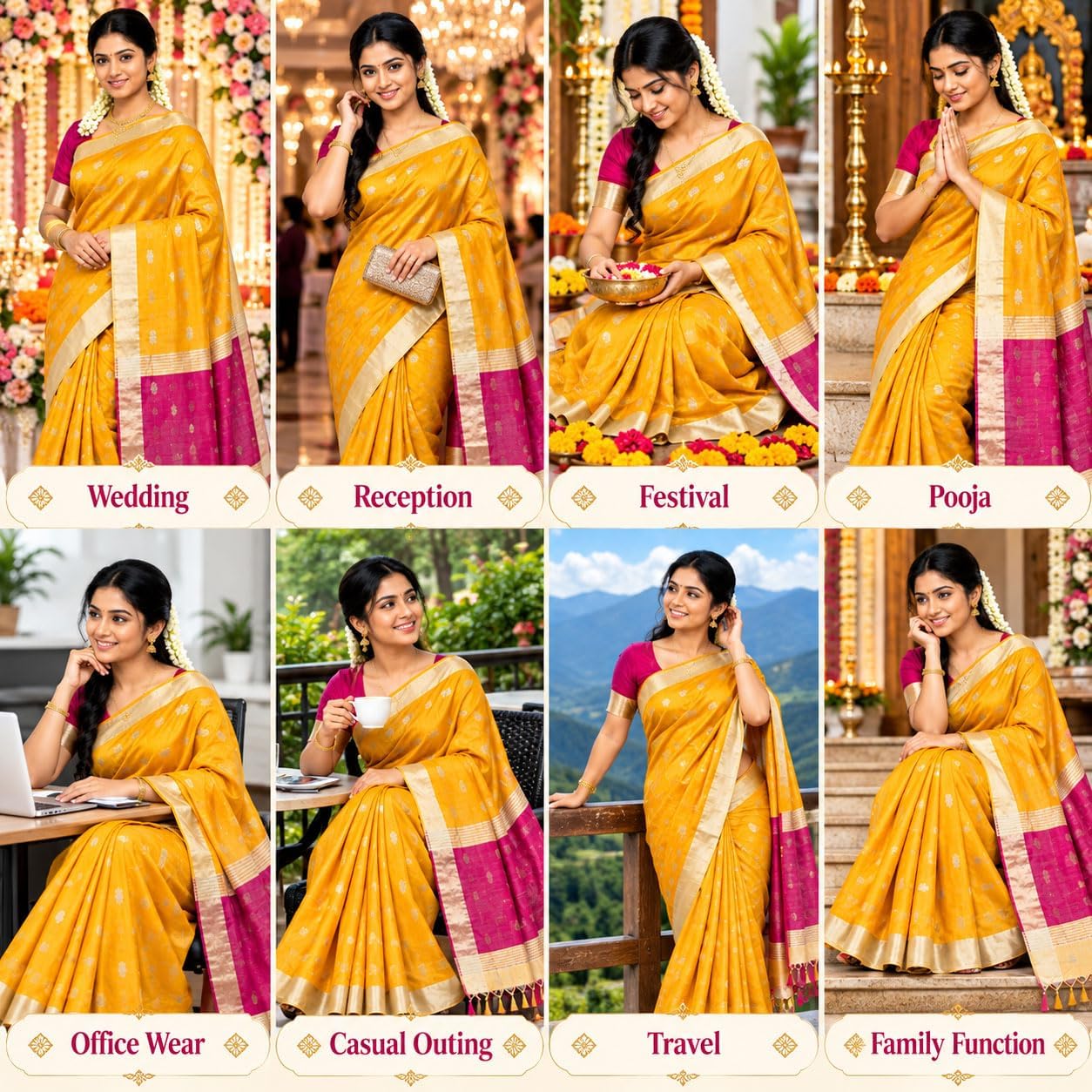 Women’s Maheswari Silk Cotton Saree with 1000 Butta Motifs, Silver Tissue Border & Contrast Pallu