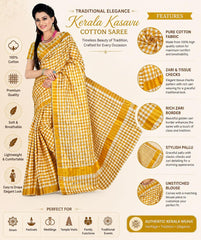 Women's Kerala Kasavu Linen Cotton Saree with Tissue Checks, Golden Zari Border & Matching Blouse Piece, Traditional South Indian Saree for Onam, Wedding, Festival & Special Occasions