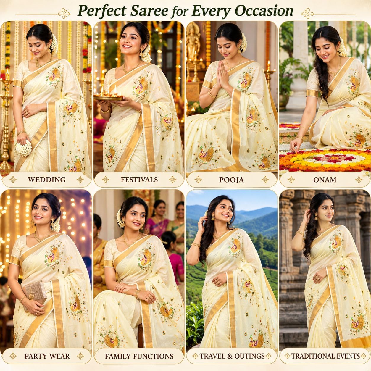 Kerala Kasavu Cotton Saree for Women with Gold Zari Border & Peacock Embroidery | Traditional Onam Wedding Saree
