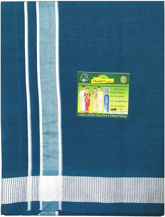 Stylesindia Men's Cotton Colored Dhoti with Fancy Border Kerala-style Veshti Mundu Kaili Lungi 2.0 Mtrs (Peacock)