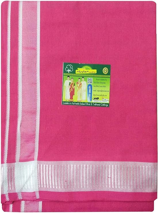 Stylesindia Men's Cotton Colored Dhoti with Fancy Border Kerala-style Veshti Mundu Kaili Lungi 2.0 Mtrs (Rani Pink)