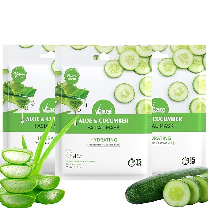 VCare Face Mask Sheets for Glowing Skin, Aloe Vera and Cucumber | For Smooth, Moisturizing, Cleansing, Refreshing, Beauty Mask (Pack of 3)