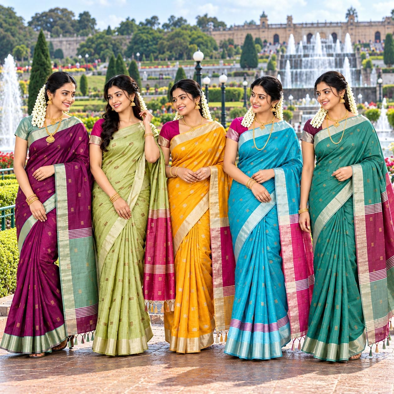 Women’s Maheswari Silk Cotton Saree with 1000 Butta Motifs, Silver Tissue Border & Contrast Pallu