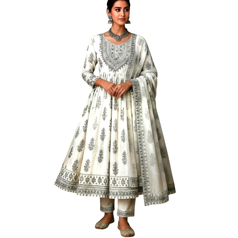 Mul Cotton Printed Salwar Kameez Set with Zari & Sequin Embroidery | Ethnic Anarkali Style Suit with Dupatta for Women | Festive & Casual Wear