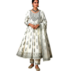 Mul Cotton Printed Salwar Kameez Set with Zari & Sequin Embroidery | Ethnic Anarkali Style Suit with Dupatta for Women | Festive & Casual Wear