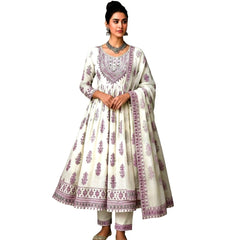 Mul Cotton Printed Salwar Kameez Set with Zari & Sequin Embroidery | Ethnic Anarkali Style Suit with Dupatta for Women | Festive & Casual Wear