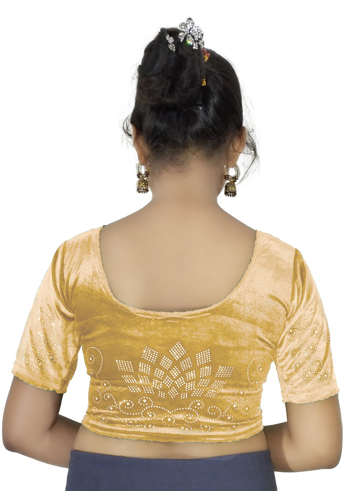 StylesIndia Women's Stretchable Velvet Blouse with Stone Work Embellishments | Deep U-Back Designer Saree Blouse | Festive & Party Wear DNO:555
