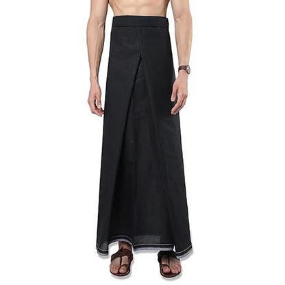 Stylesindia Men's Cotton Lungi Sarong Mundu Dhoti Kaili India Ethnic Dress Solid Colors Pre Stitched Ready to Wear (Black)