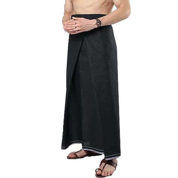 Stylesindia Men's Cotton Lungi Sarong Mundu Dhoti Kaili India Ethnic Dress Solid Colors Pre Stitched Ready to Wear (Black)