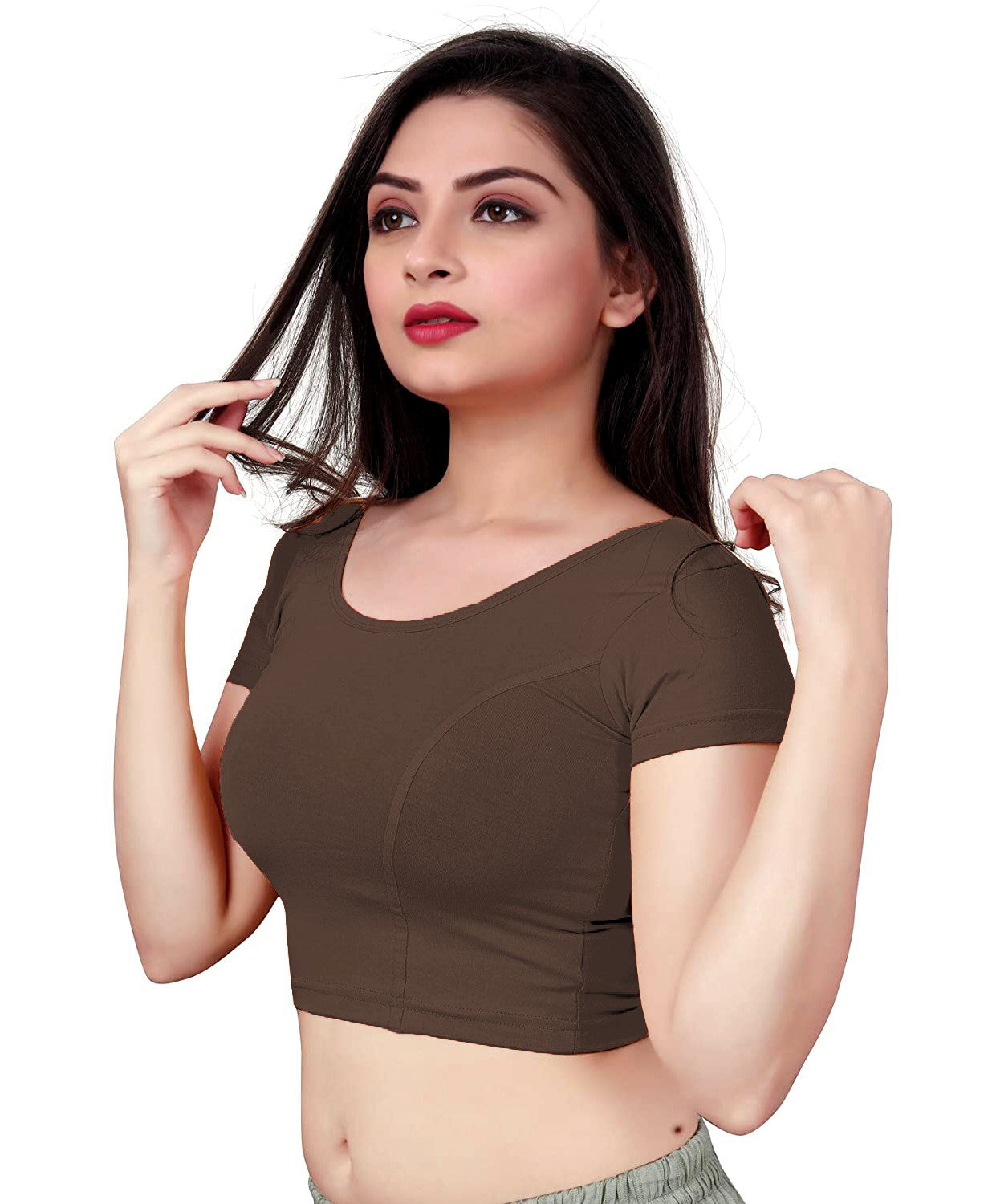 StylesIndia Women's Designer Cotton Lycra Blouse | Back Knot Cut-Out Tassel Design | Stretchable Crop Top for Sarees & Lehengas DNO:136