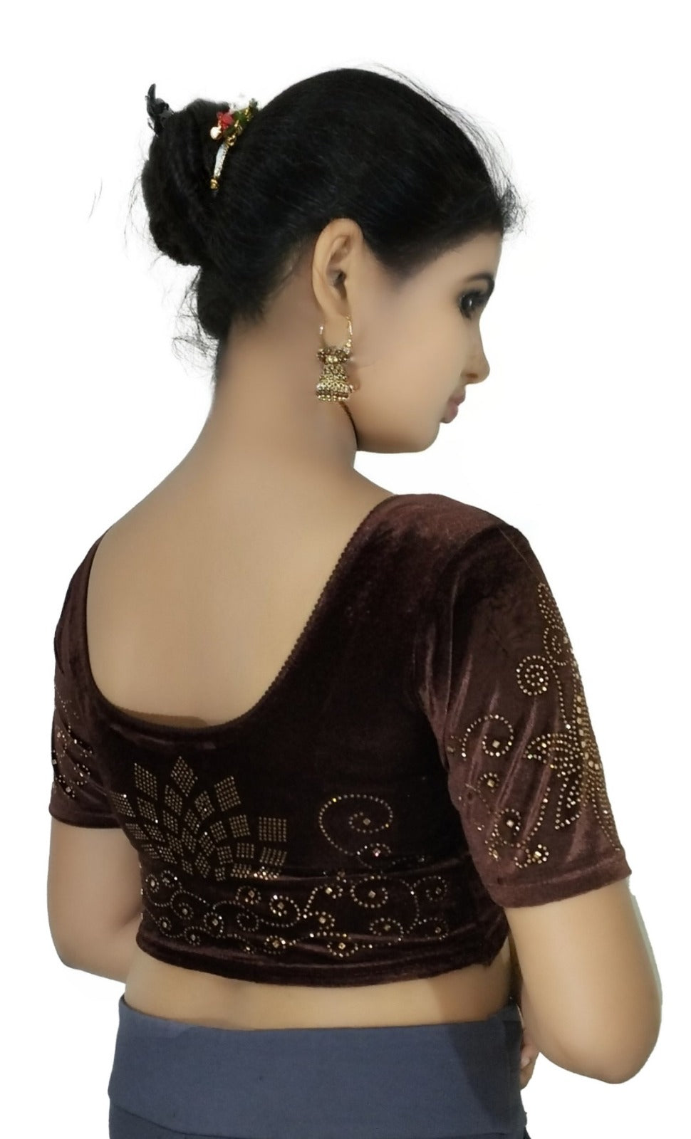 StylesIndia Women's Stretchable Velvet Blouse with Stone Work Embellishments | Deep U-Back Designer Saree Blouse | Festive & Party Wear DNO:555