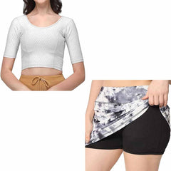 Stylesindia Women’s 2-Piece Activewear Bundle – Stretchable Skort with Built-in Shorts & Half Sleeve Textured Crop Blouse | Comfortable, Breathable, Everyday Wear Set