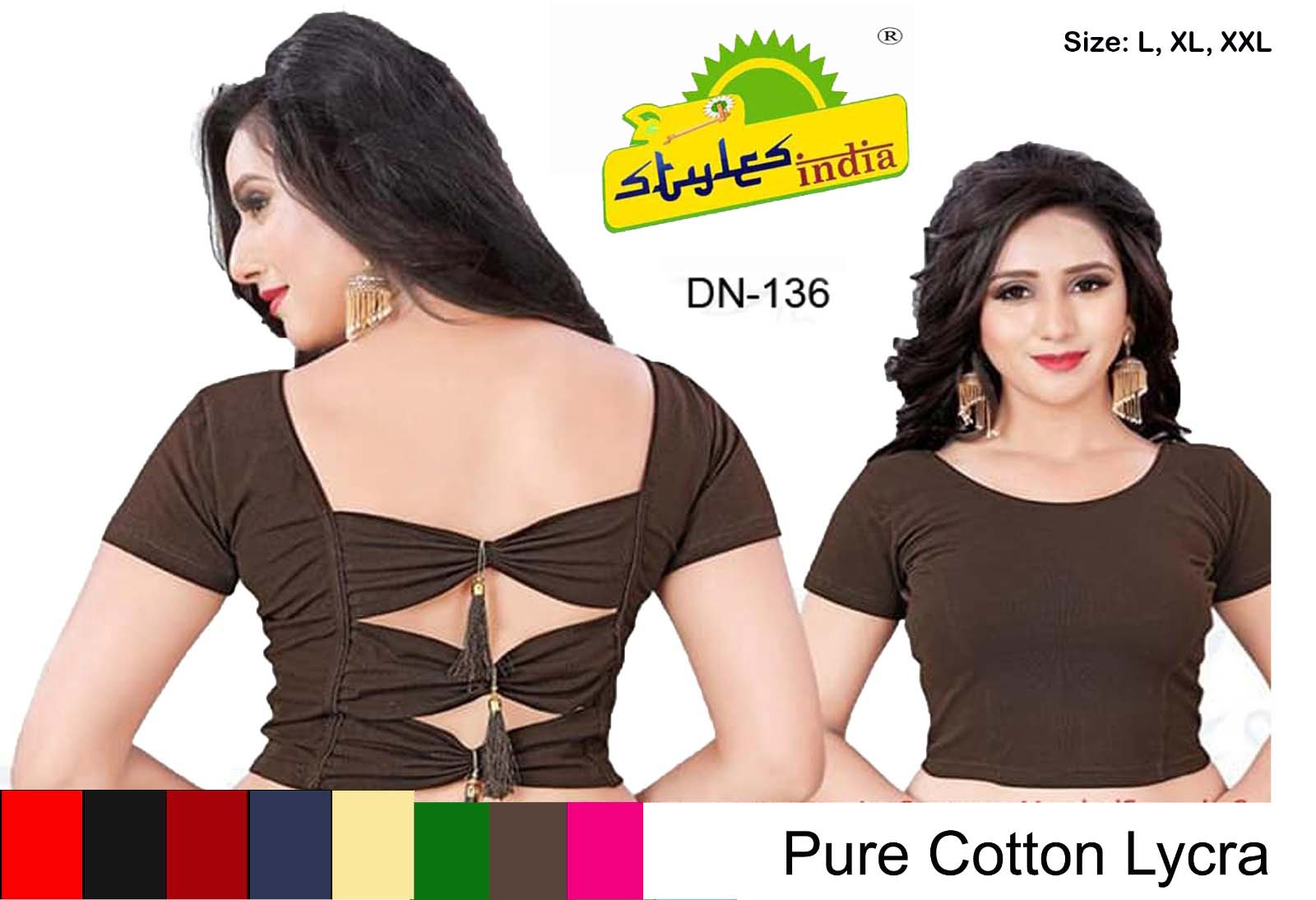 StylesIndia Women's Designer Cotton Lycra Blouse | Back Knot Cut-Out Tassel Design | Stretchable Crop Top for Sarees & Lehengas DNO:136